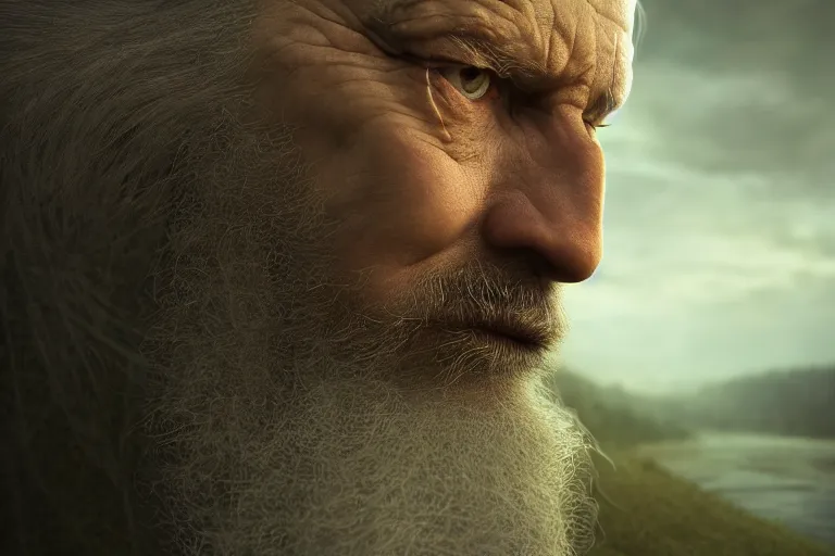 Image similar to an ultra realistic cinematic close up headshot portrait of an evil wizard, background of a vast serene landscape with trees and rivers, detailed, deep focus, movie still, dramatic lighting, ray tracing, by michal karcz and yoshitaka amano