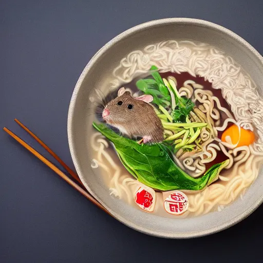 Image similar to rat in japanese ramen bowl, michelin star restaurant, award winning photo, food photography, 8 k