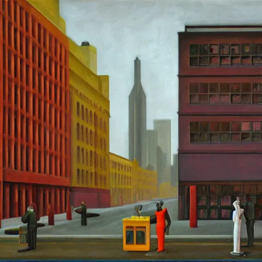 Image similar to drab human workers, guarded by rusty robot overlords, brutalist city street, cloudy, raining, dystopian, pj crook, edward hopper, oil on canvas