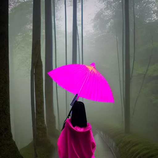 Image similar to photo of kitsune, very detailed, neon, pink, japan, forest, rain, umbrella, ultra, fashion