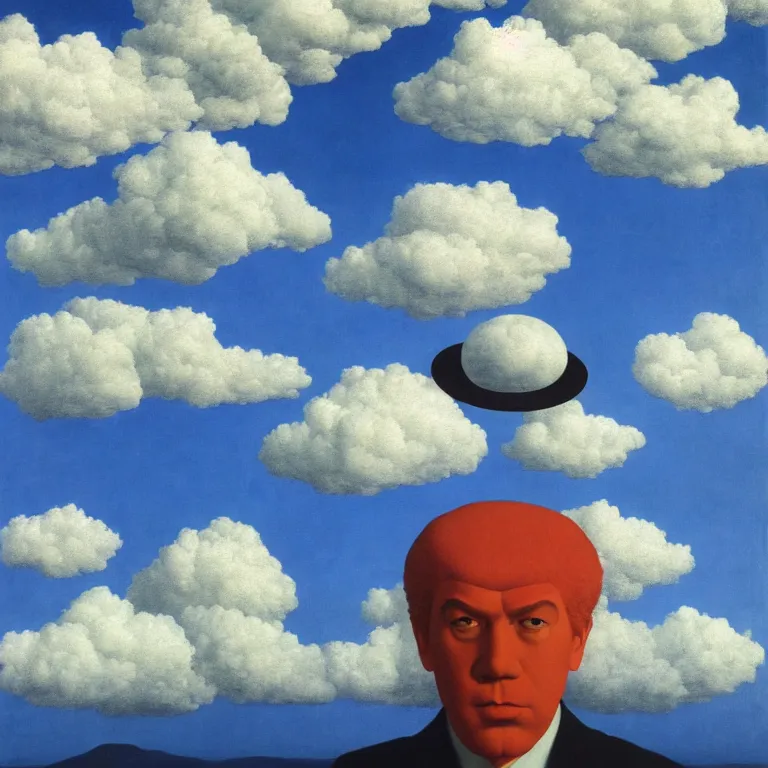 Image similar to cloud - man, by rene magritte, centered, detailed painting, hd, hq, high resolution, high detail, 4 k, 8 k