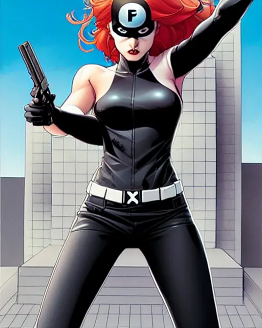 Image similar to phil noto comicbook cover art, artgerm, female domino marvel x - force, black circle spot right eye, symmetrical eyes, long red hair, full body, city rooftop