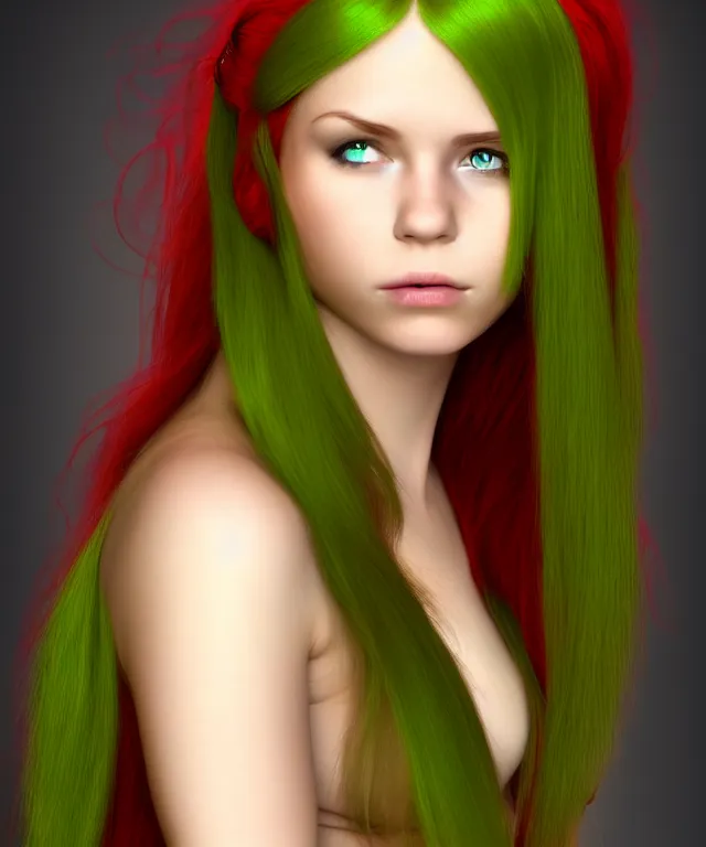 Prompt: Fae teenage girl, portrait, face, long red hair, green highlights, fantasy