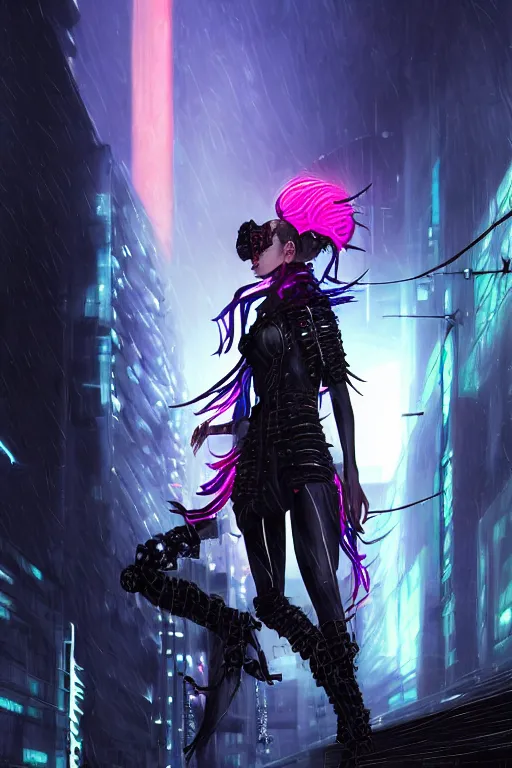 Prompt: portrait futuristic demonic cyberpunk young female pirate, in futuristic stormy thunder rainning tokyo rooftop cyberpunk night, ssci-fi, fantasy, intricate, very very beautiful, elegant, neon light, highly detailed, digital painting, artstation, concept art, soft light, hdri, smooth, sharp focus, illustration, art by tian zi and craig mullins and WLOP and alphonse mucha