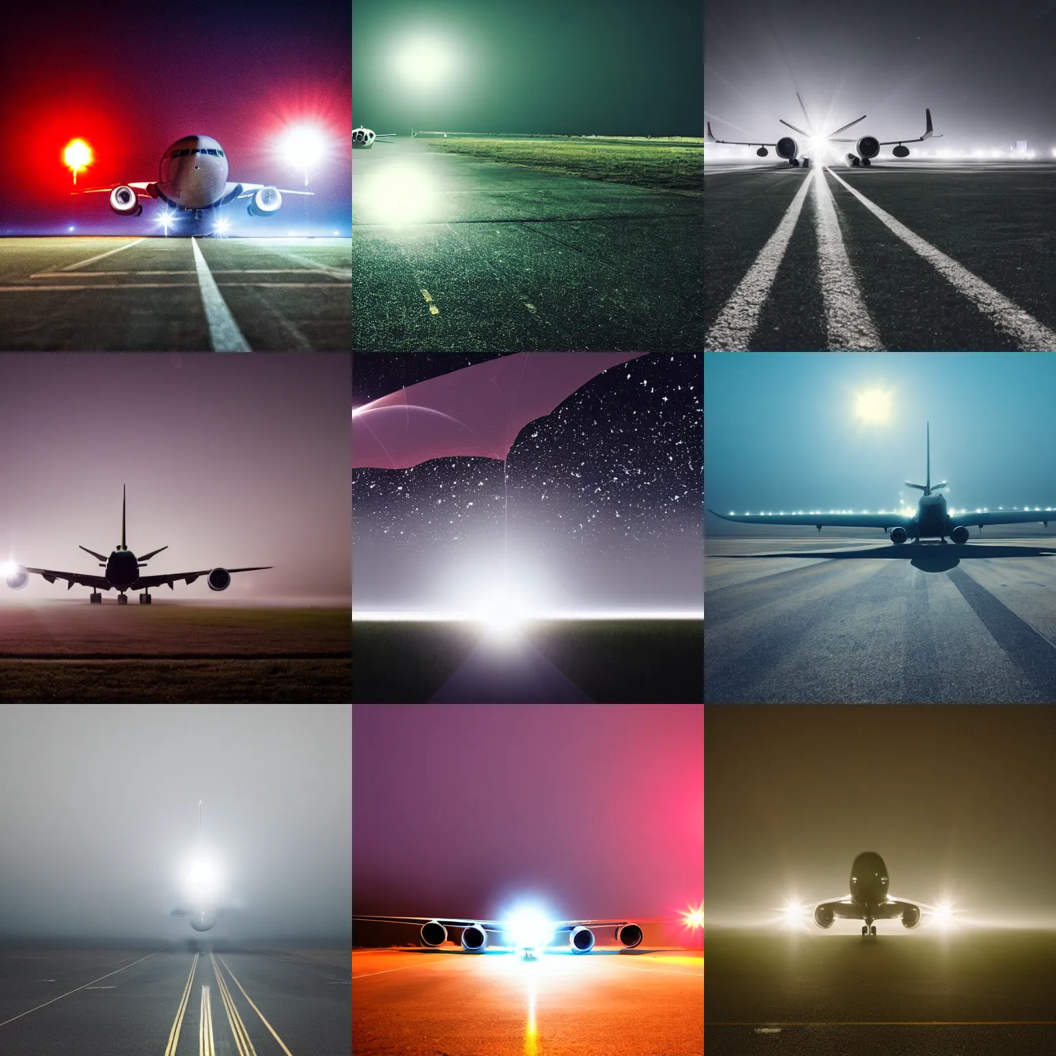 Prompt: plane on runway, night, fog, lens flare