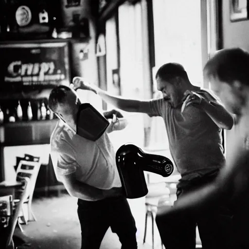 Prompt: 35mm photo of a man smashing a bottle over another man at the local pub