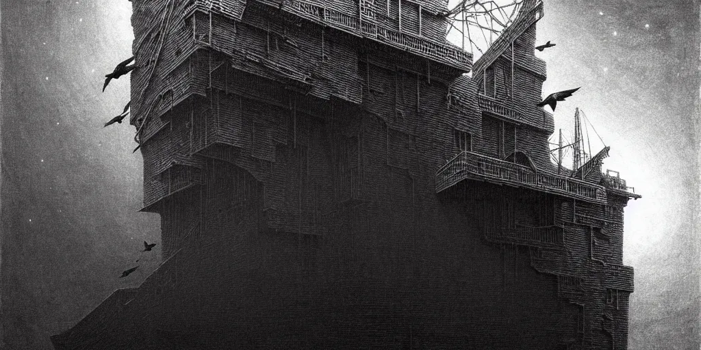 Image similar to big spiral stairways on old ship, inhabited on many levels, flying birds, by beksinski, shining light, strong perspective, clear geometry, architecture, Award winning. Masterpiece, detailed illustration