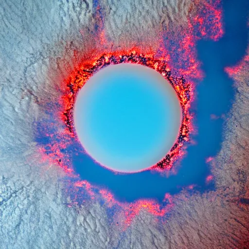 Image similar to a picture of an alien planet, taken from orbit, dark blue planet, red lava rivers, center of the frame