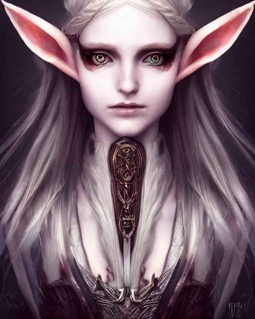 Image similar to portrait of a beautiful female elf with shimmering hair, symmetrical face and eyes, cgsociety, Elden Ring, Dark Souls, Bloodborne