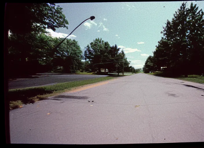 Prompt: A disposable camera picture of an empty street in a small rural American suburb, Kodak Fling 200, 1983