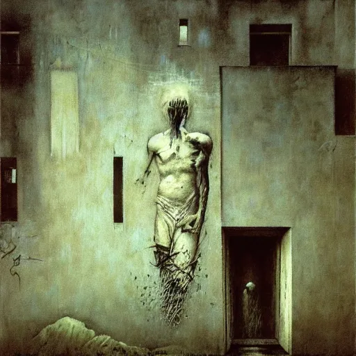 Prompt: graffiti done by zdzislaw beksinski, graffiti on the walls, rain stains