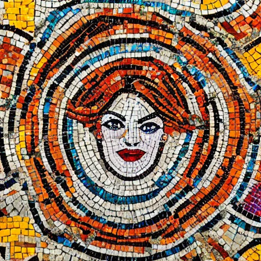 Image similar to beautiful detailed colorful emma stone in zeugma mosaic, many small stones, extreme detail