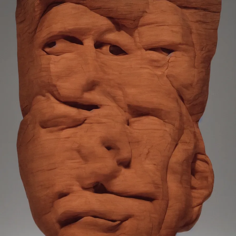 Prompt: hyperrealistic sculpture portrait of a stern woman's face carved out of a block of red cedar wood on a pedestal by duane hanson and donald judd, hyperrealistic dramatic colored lighting trending on artstation 8 k