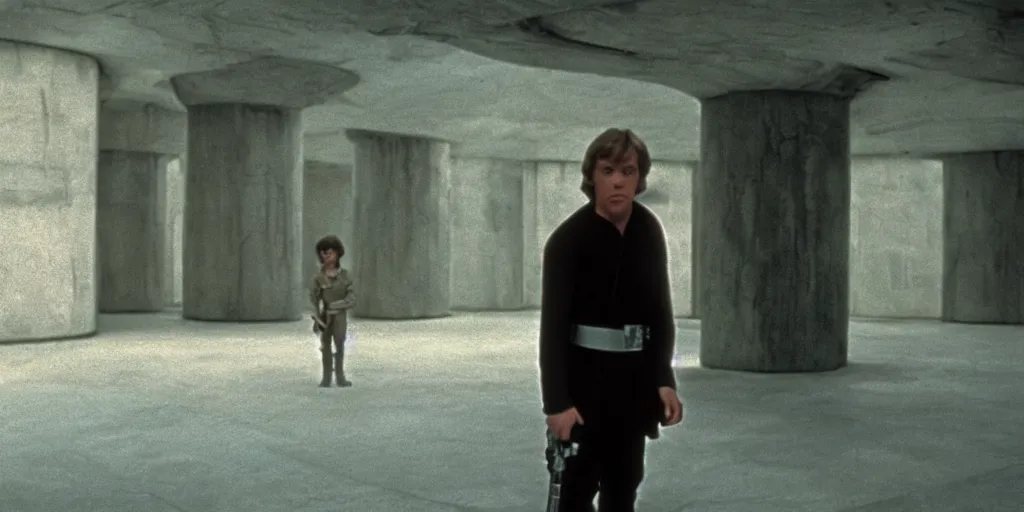 Prompt: screenshot of master Luke Skywalker alone in a a Jedi Temple, 1970s thriller by Stanely Kubrick film, color kodak, ektochrome, anamorphic lenses, detailed faces, moody cinematography