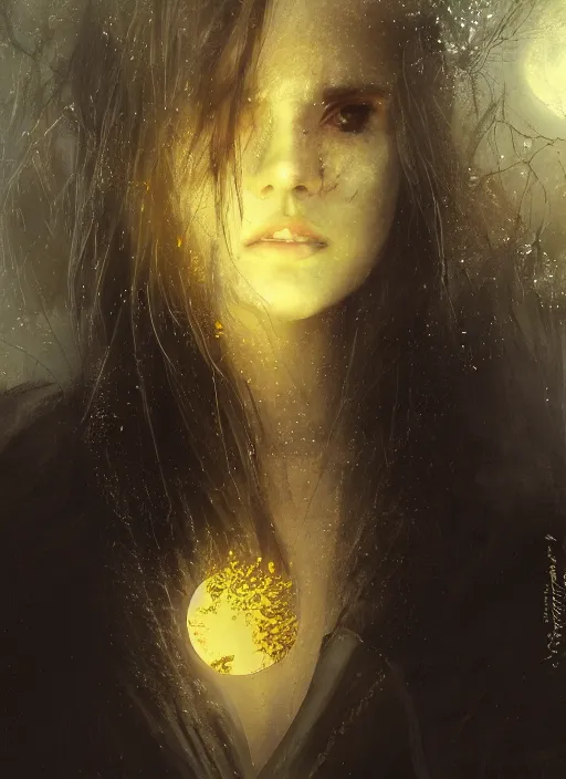 Image similar to golden leaves at frame border, creative composition for a book cover, moon, beautiful portrait painting by jeremy mann, a female witch absurdly beautiful, ultrafine hyperrealistic detailed face by wlop and artgerm and greg rutkowski, intricate linework, sharp focus, smooth, octopath traveler, final fantasy, unreal engine, dramatic lighting, ethereal, 8 k