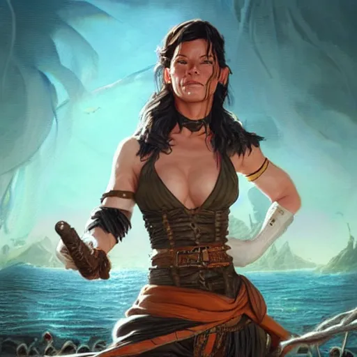 Prompt: evangeline lilly as a pirate, digital illustration, by artgerm and greg rutkowski,