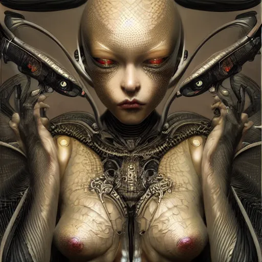 Image similar to ultra realist intricate detailed painting of a single attractive alien female, full body, curvy, black scales and cyborg tech, symmetry accurate features, very intricate details, focus, artstyle Hiraku Tanaka and Tom Bagshaw, award winning