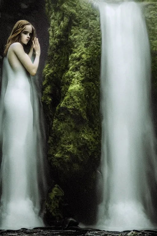 Image similar to intimate photo of emma watson walking through a waterfall, portrait in the style of petter hegre, sharp details, beautiful face, pale skin, rule of thirds, cinematic lighting, rainy weather, melancholy atmosphere, sharp focus, backlit, stunning, smooth, hard focus, full body shot, instagram photo, shot on iphone 1 3 pro max, hyper realistic