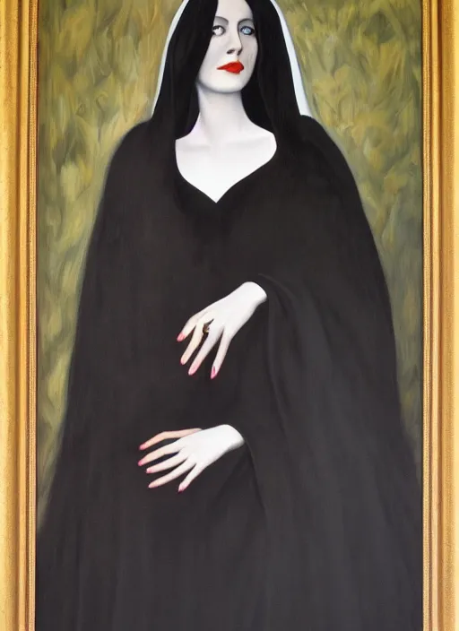 Prompt: oil painting of portait Queen of Ecstasy, dark hair, veil, black dress, Hungarian, by Georgia o Keeffe, by Marcel Jankowicz, 🥵
