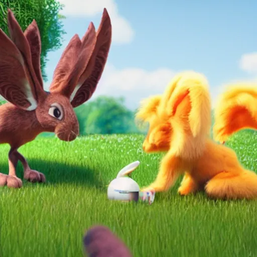 Prompt: a griffin talking to a rabbit, pixar