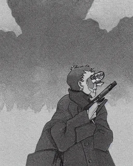 Image similar to a fox in a black trench - coat, smoking a cigarette in front of a huge explosion in the middle of a war, style of anime