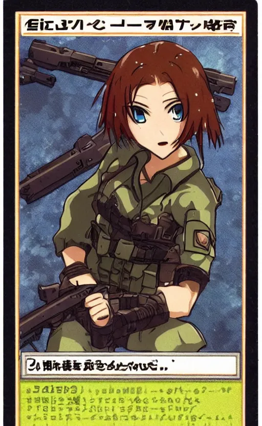 Prompt: girl, trading card front, soldier clothing, combat gear, anime face, illustration, by ufotable studio, green screen