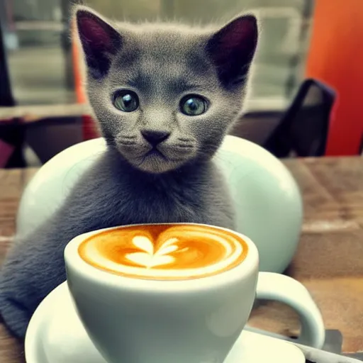 Prompt: ultra high quality photograph of a extreme cute korat kitten drinking a cappuccino. he stick out his little tongue. his eyes look to tha camera. in crowded cafe, bokeh background, lighting dim, colourized, kodak etkar 1 0 0