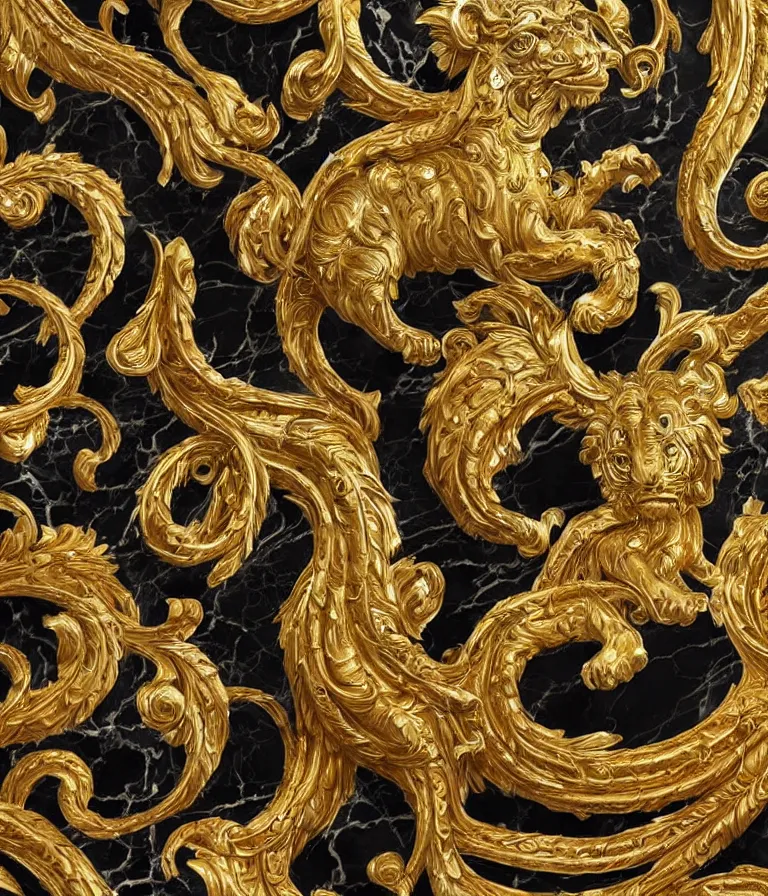 Prompt: beautiful portrait of a large ornate and intricate rococo carved marble and gold tiger face, 3 d, photorealistic, symmetric, front facing, centered, hyper detailed, gold plated 3 d on black plain background, wallpaper, emblem, baroque medallion,