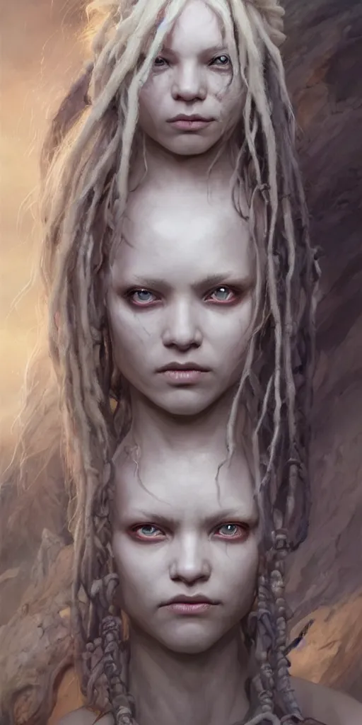 Image similar to fantasy changeling girl with blonde dreadlocks revealing her true nature, staring eyes, dim light, front game card, marvel comics, dark, intricate, highly detailed, smooth, smirking, artstation, digital illustration by ruan jia and mandy jurgens and artgerm and wayne barlowe and greg rutkowski and zdislav beksinski