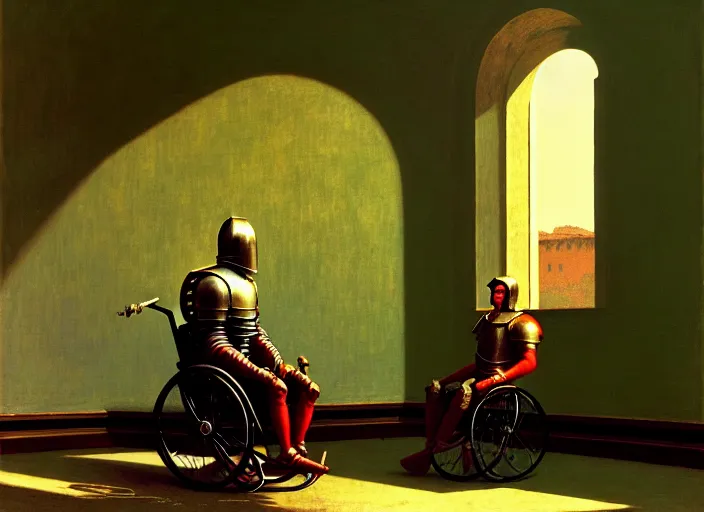 Image similar to knight in armor in a wheelchair do tricks & watch old tv, rome, highly detailed, soft lighting, elegant, by edward hopper and james gillard, zdislaw beksinski, stephen outram, andreas m wiese, carl spitzweg, highly detailed, masterpiece, unreal 6, 8 k