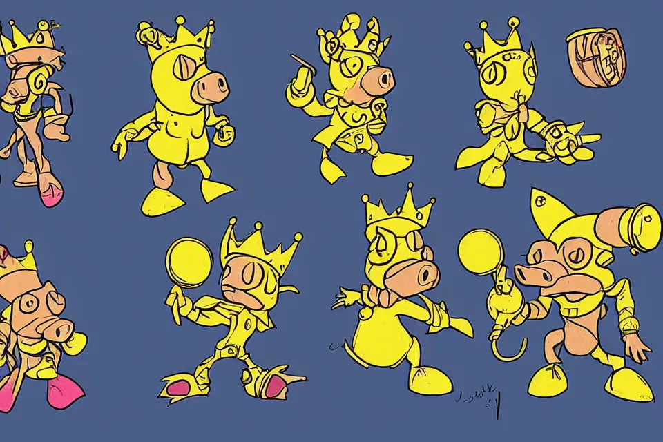 Prompt: concept sketches of a pig wearing a gold crown by jamie hewlett, in the style of megaman