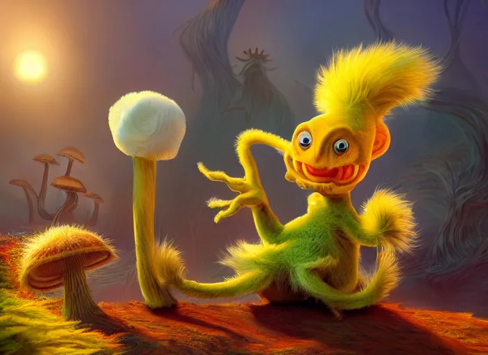 Image similar to a cute dr seuss creature sitting next to a mushroom, golden hour, fantasy, sharp focus, digital art, hyper realistic, 4 k, unreal engine, highly detailed, hd, dramatic lighting by brom, trending on artstation