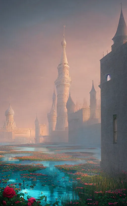 Image similar to vanishing point, palace like the kremlin in distance on a lake is covered with aqua blue roses, viewed from afar, stephen bliss, misty, unreal engine, fantasy art by greg rutkowski, loish, ferdinand knab, and lois van rossdraws,, global illumination, radiant light, minimalist, detailed and intricate environment