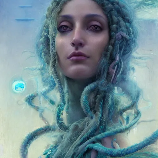 Image similar to birth of sumerian goddess inanna ishtar, ashteroth, techno mystic goddess princess intergalactica, with aqua neon rapunzel dreadlocks, mami wata, detailed, by gaston bussiere, bayard wu, greg rutkowski, giger, maxim verehin, greg rutkowski, masterpiece, sharp focus,