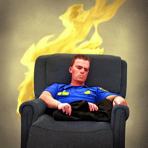 Prompt: Short firefighter asleep on blue reclining chair, digital art