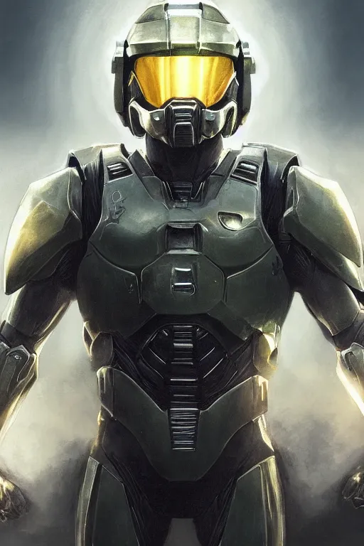 Image similar to portrait of master chief with a halo behind him, catholic religious art, sacred, halo, strong, imposing, biomechanical, by moebius and greg rutkowski and artgerm, octane render, trending on artstation