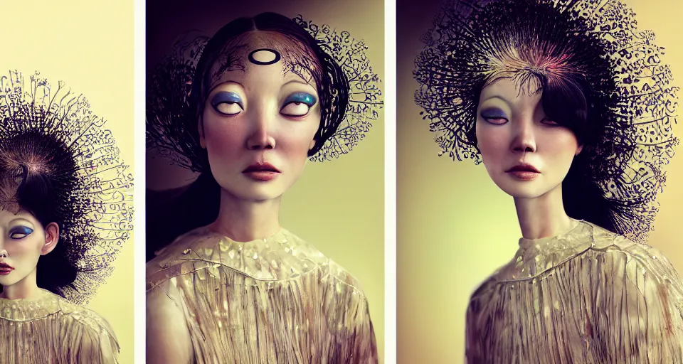 Image similar to closeup shot of asian female wearing a luminous soft fragile jelly fish dress, symmetrical face, by ray caesar, by louise dahl wolfe, by andrea kowch, by anna claren, surreal photography