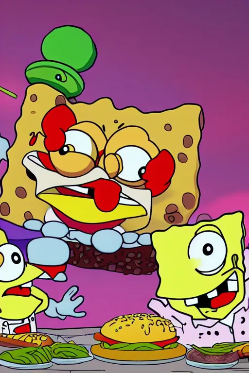 Image similar to sifi spongebob fight mr crabs for a burger, anime, 4 k