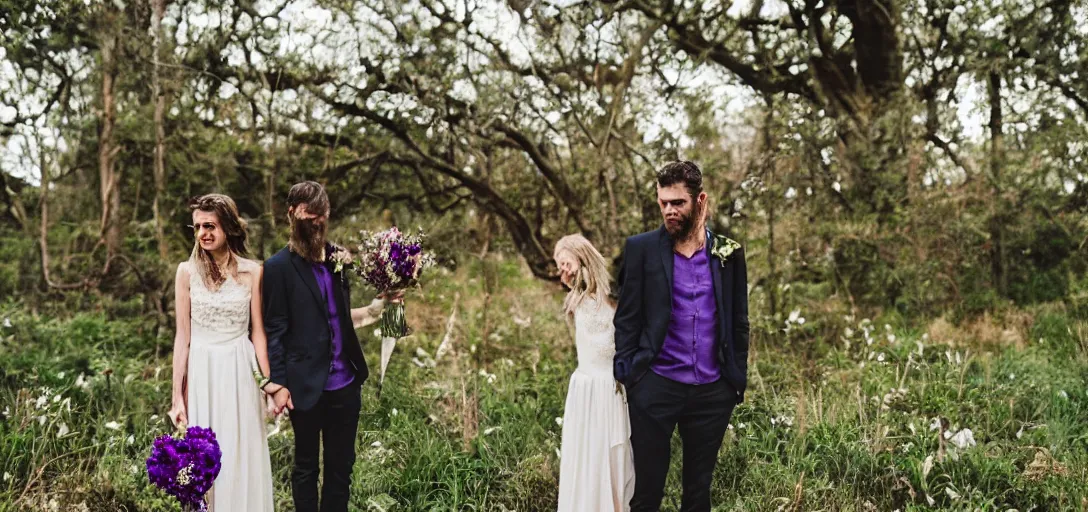 Image similar to modern wedding photography. rustic bohemian. young couple. purple and green. woodsy, old church, flowers.