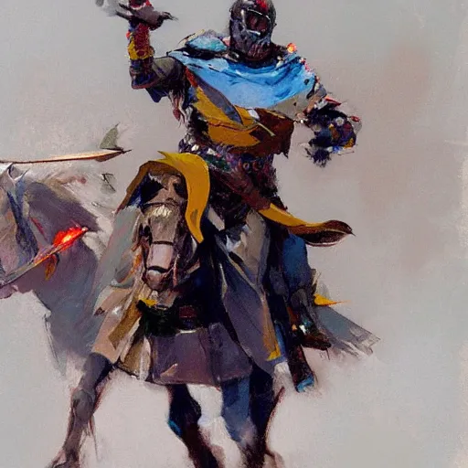 Image similar to portrait of colorful rider holding jousting lance, caparisons, chainmail, by greg manchess, bernie fuchs, ruan jia, walter everett