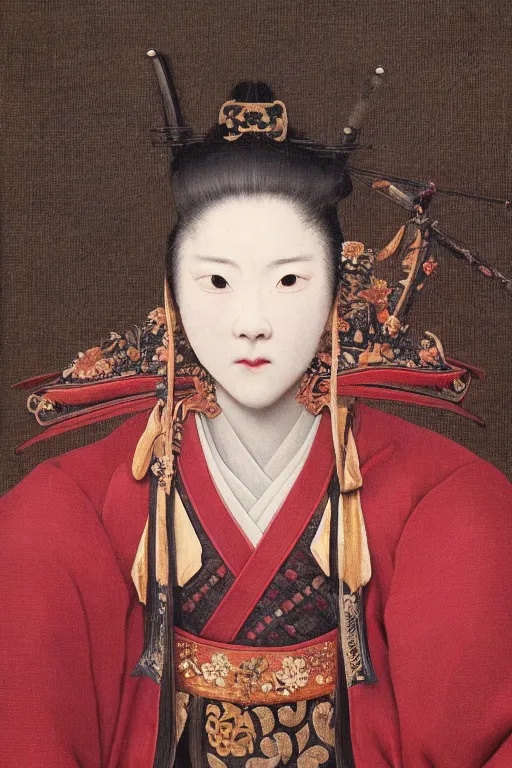 Image similar to Baroque painting of a female Japanese Samurai, inspired by Gustav Moreau and Wayne Barlowe, exquisite detail, hyper realism, ornate, exquisite detail, cute face