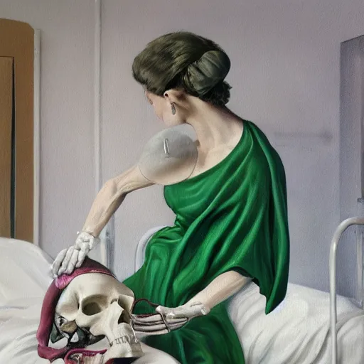 Image similar to woman in hospital room. Holding bottle made of skull. Poisonous green smoke comes out of a botlle forming dancing skeletons to the air. Woman is wearing white toga made of silk. Glamour photograph. Digital painting - h 768