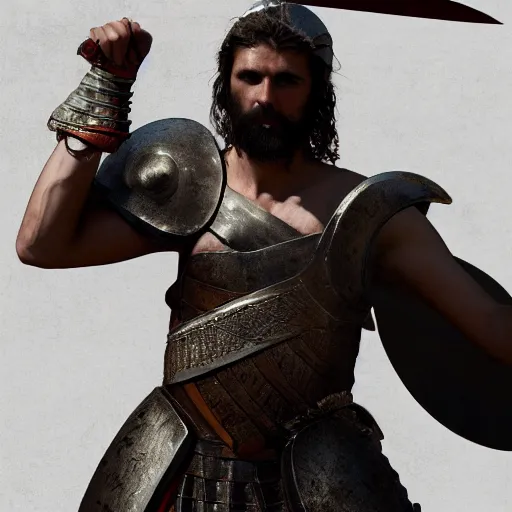 Image similar to Ancient greek warrior, holding a sword, epic, dramatic pose, cinematic, trending on artstation, award winning, 4k, photorealistic, high details, by delacroix