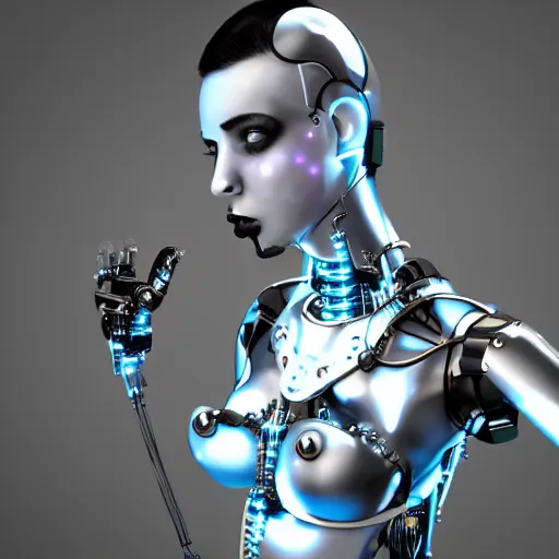 Prompt: an immaculate blender render high key lighting headshot rendering of an attractive curvy cybernetic goth woman with embedded LEDs, a cybernetic eye, and an exoskeleton.
