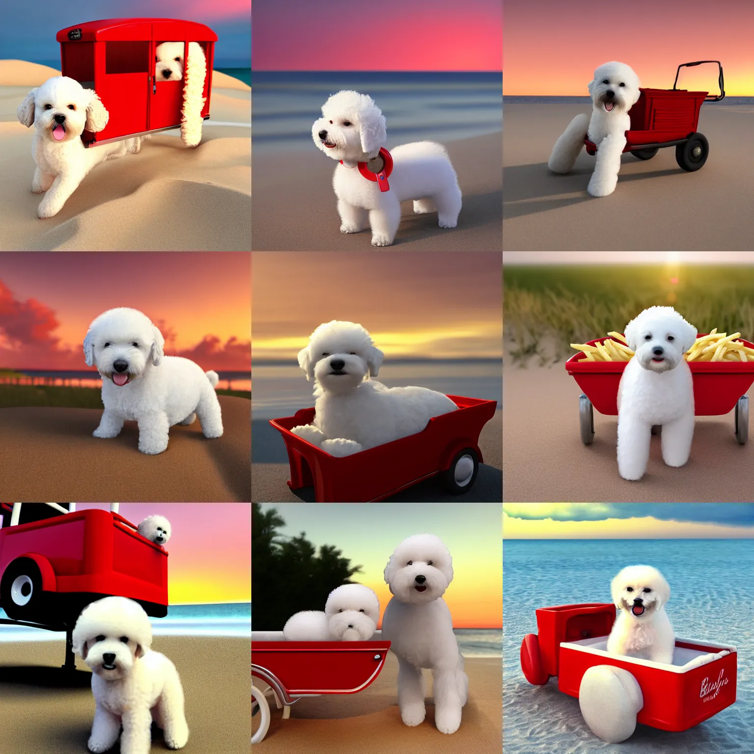 Prompt: a photorealistic photograph of a smiling white Bichon Frisé puppy riding in a red wagon overflowing with french fries during sunset at the beach Trending on Artstation, featured on Behance, well-rendered, Unreal Engine, 4K HD