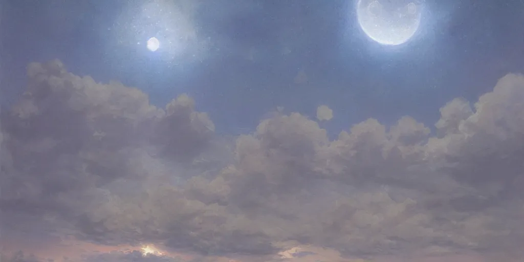 Prompt: the cloudy moonlit sky, landscape art by donato giancola and greg rutkowski, digital art, trending on artstation, symmetry!!, volumetric lighting