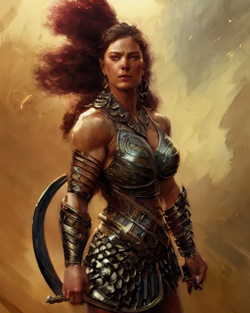 Prompt: a fierce and muscular warrior princess in full armor, fantasy character portrait by greg rutkowski, gaston bussiere, craig mullins, simon bisley