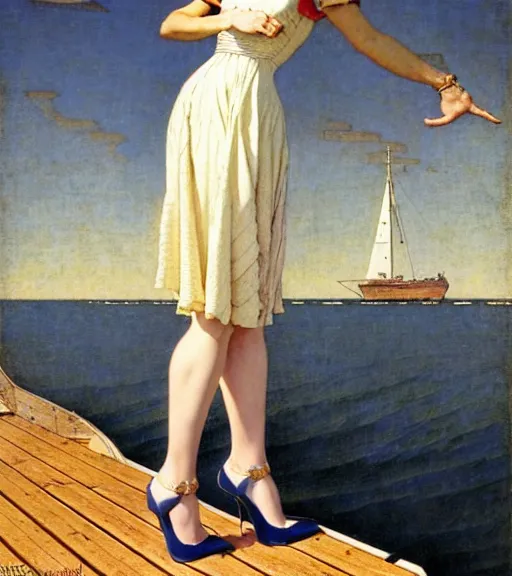 Image similar to a fancy beautiful young lady standing on a wharf at the edge of the sea by brom and gil elvgren and jean delville and william blake and norman rockwell and michael whelan, crisp details, hyperrealism, high detail, high contrast, low light, stylish navy blue heels, gold chain belt, cream colored blouse