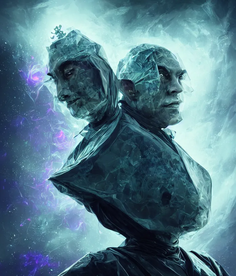Image similar to impressive ominous front!! shot photo of a court jester character fine portrait fine portrait mesmerizing fractal hyper cubes platinum cracked dark future hyper dimensional space galactic crystal nebula edges elegant detailed intricate concept artstation sharp focus ray tracing cinematic masterpiece temporal corruption beeple wlop germ 8 4 k scifi glossy hyper realistic illustration canon eos r 3 fujifilm x - t 3 0 sony alpha a 6 6 0 0