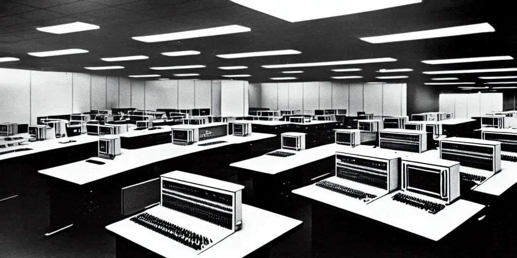 Image similar to a large 1970's computing room with 9-track machines and glowing screens. by IBM by Amdahl.